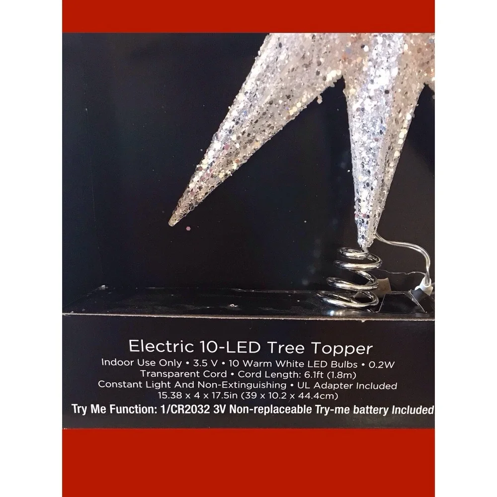 New Christmas Shoppe LED Electric Tree Topper Silver Glitter Star‎ Warm Lights